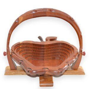 Antique Hand Carved Amish Folk Stained Wood Wooden Collapsible Apple Basket